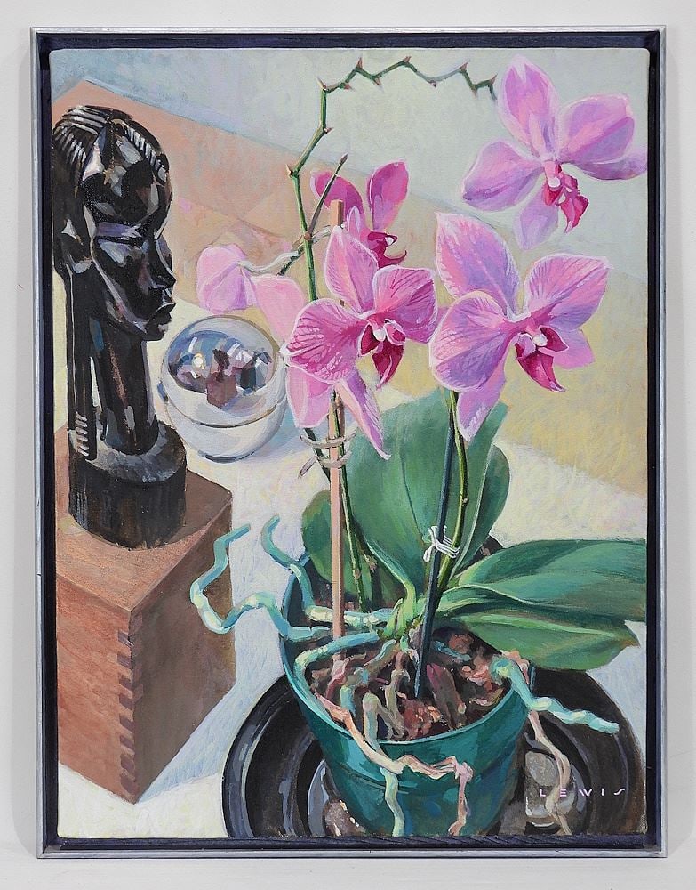 Oil on Canvas signed (Frank) Lewis, 24 x 18" "Orchids & Ebony". (1 of 4)