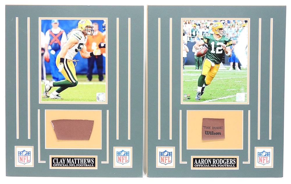 Two Official NFL Football Swatches, 20 x 16" "Clay Matthews & Aaron Rodgers". (1 of 4)