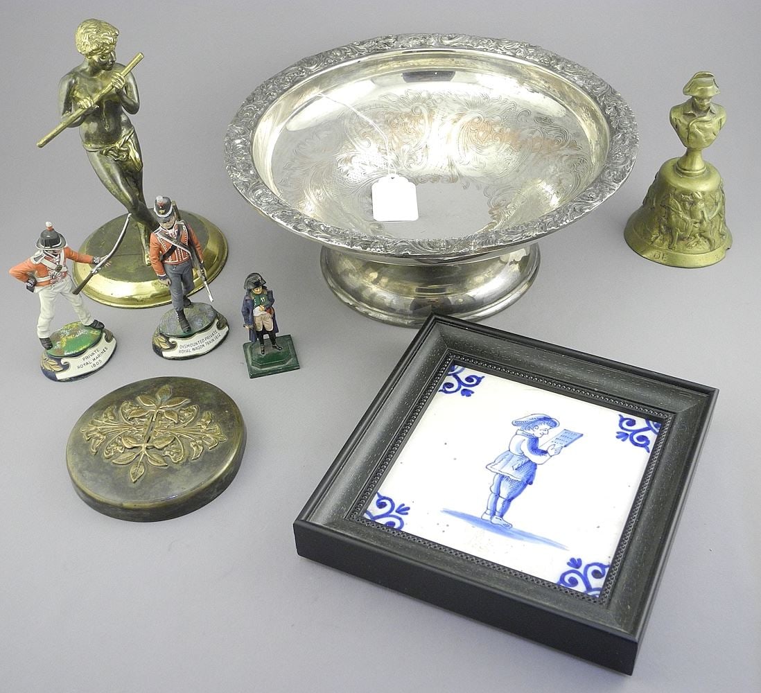 Collection of Napoleonic Figures/ Armaments Bell/Plated Dish/Bronze Lid/Brass Flautist/Tile. (1 of 3)
