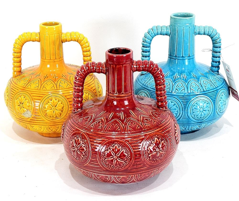 Three Burmantofts Faience Vases, Pattern 435, 7 1/2"h (as found/ issues noted).: Three Burmantofts Faience Vases, Pattern 435, 7 1/2"h (as found/ issues noted).