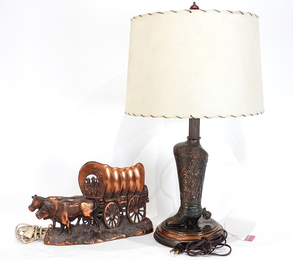 Copper Wagon Lamp (13 1/2"w) & Cowboy Boot Lamp, 24"h. (1 of 2)
