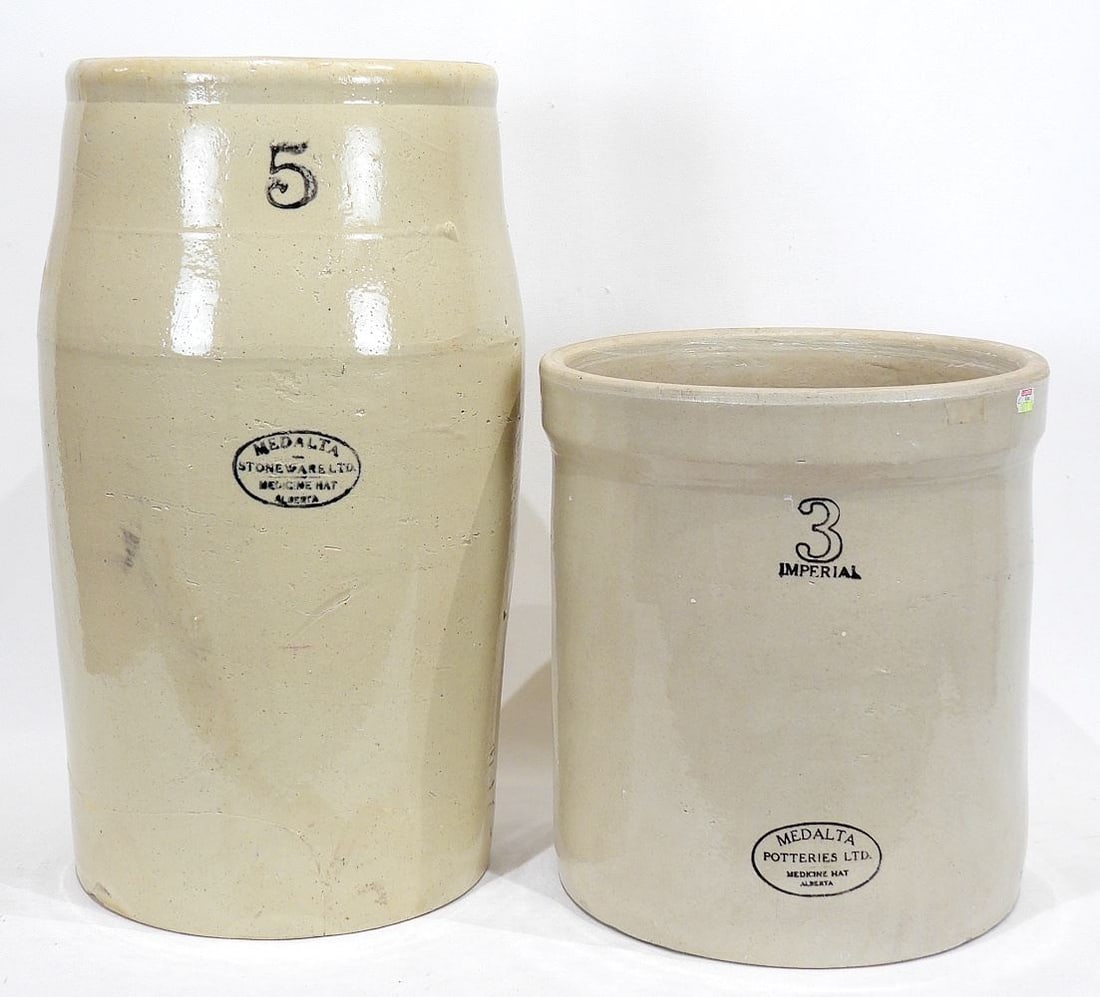 2 Medalta Stoneware, 3gal Urn & 5gal Crock, 12 & 18 1/2"h. (1 of 3)