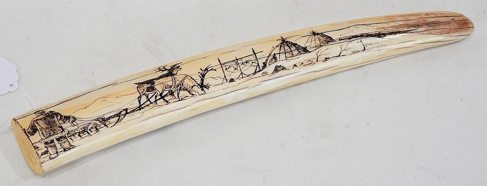 Walrus Tusk Section with Scrimshaw Arctic Scenery, 13"L. (1 of 2)