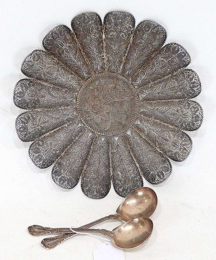 Silver Filigree Dish (unmarked/138g/ 7 5/8" diam.) & Two Sterling Spoons, 40.6g. (1 of 3)