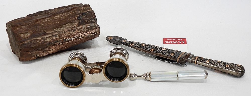 Three Items of Interest: Fossilized Wood/Argentine Silver Alloy Dagger/ Opera Glasses, 2 3/8-9 1/4 (1 of 2)