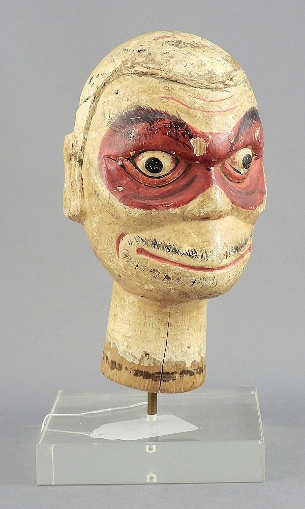 19th C. Carved Wood Puppet Head (6"h) with Lucite Stand. (1 of 3)