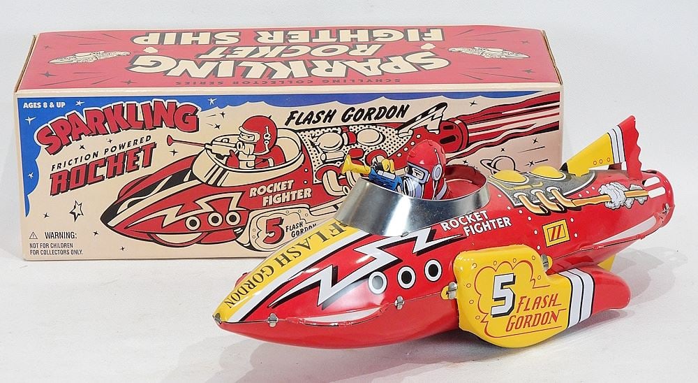 Reproduction Flash Gordon Sparkling Rocket Fighter Ship w/Original Box, 12 3/8"w. (1 of 2)