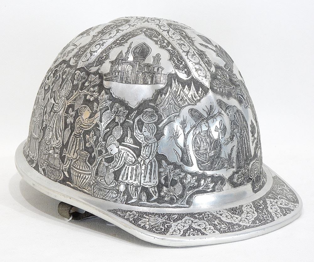 Saudi Engraved Aluminum Construction Helmut, 6 1/4 x 8 1/4 x 11 3/8". (1 of 2)