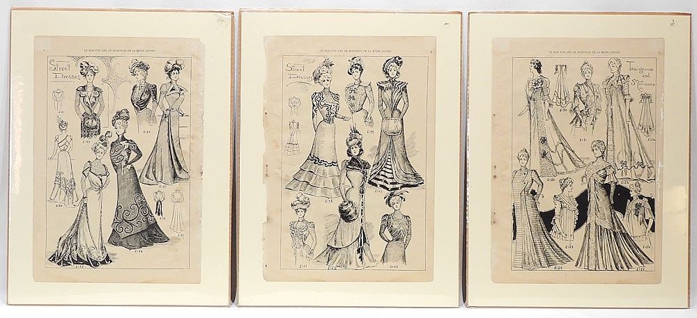 Three 19th C. French Fashion Pages, 16 x 11", Unframed. (1 of 1)