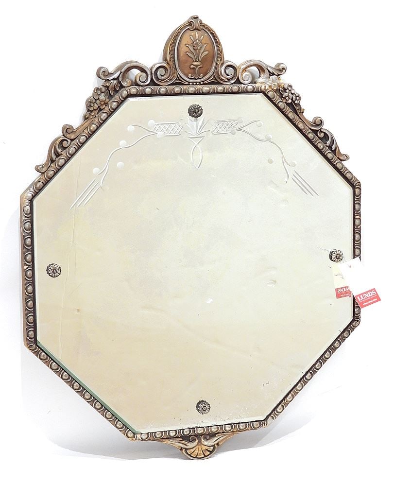 1920's Hexagonal Mirror, 24 1/4 x 19 1/4" (frame restored).: 1920's Hexagonal Mirror, 24 1/4 x 19 1/4" (frame restored).