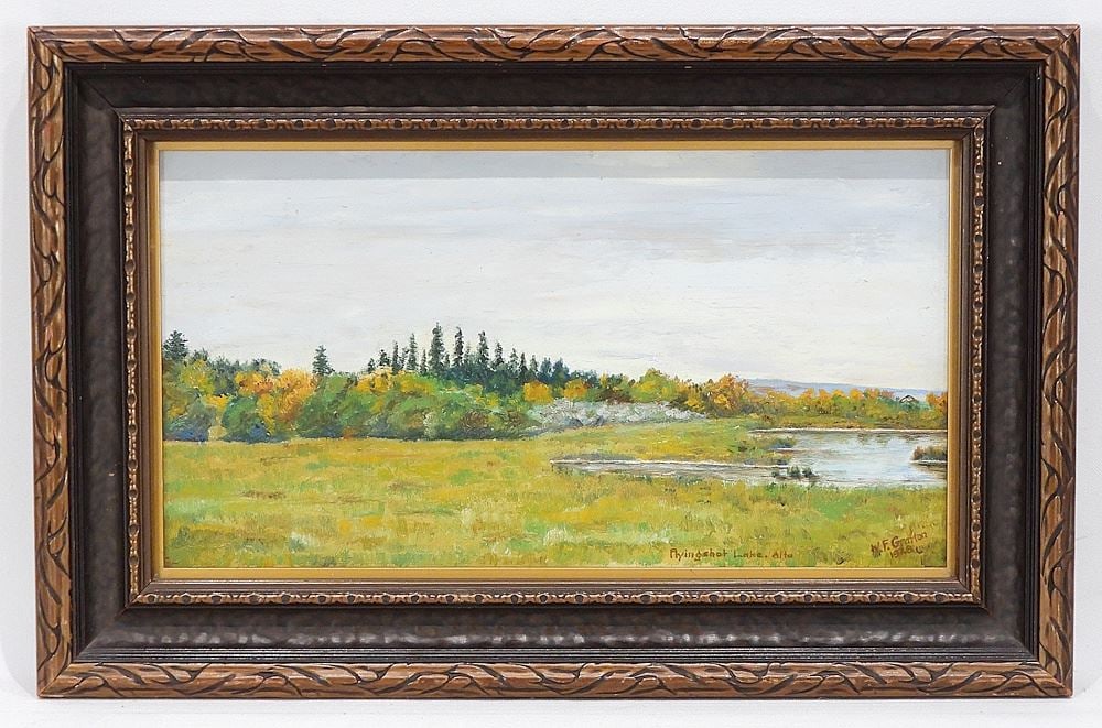Oil on Paper signed W.F. Grafton 1928, 7 x 13 1/2" "Flyingshot Lake, Alta". (1 of 5)