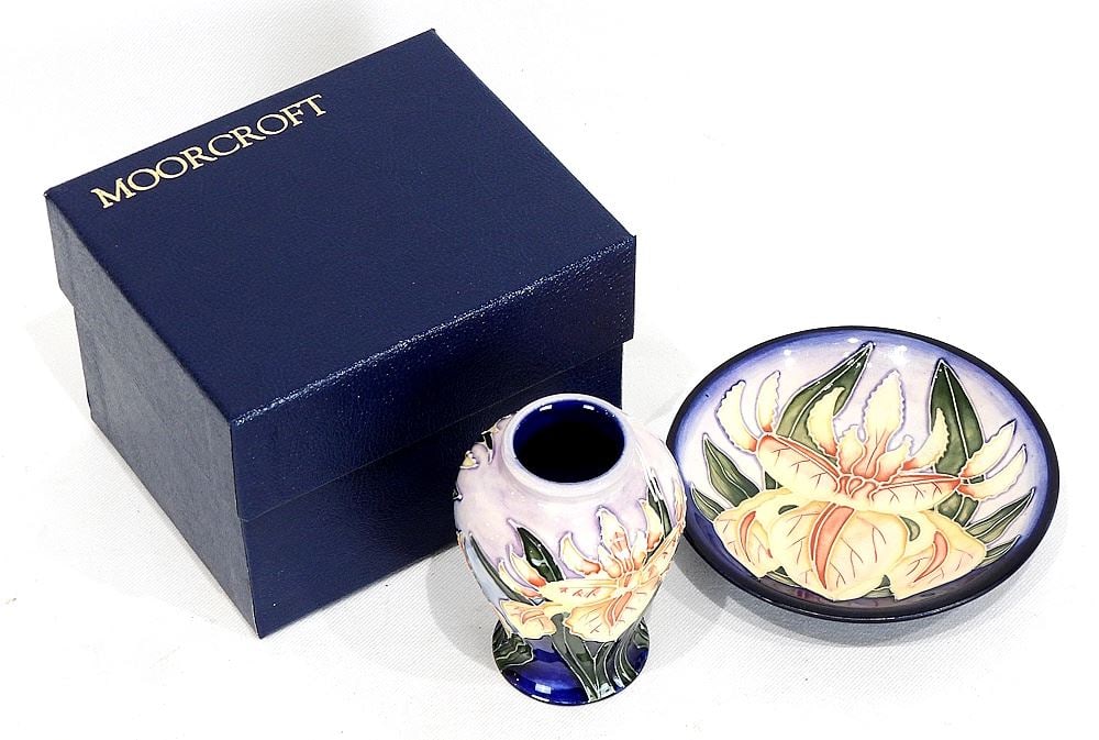Moorcroft Vase & Dish Orchid Pattern , 3 1/2h & 4 3/4" Diameter with Box. (1 of 3)