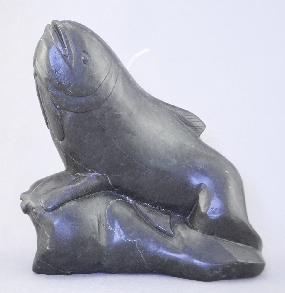 Inuit Stone Sculpture Attributed to Jimmy Arnamaissak, 6 7/8"h "Fish Riding On Seal". (1 of 4)