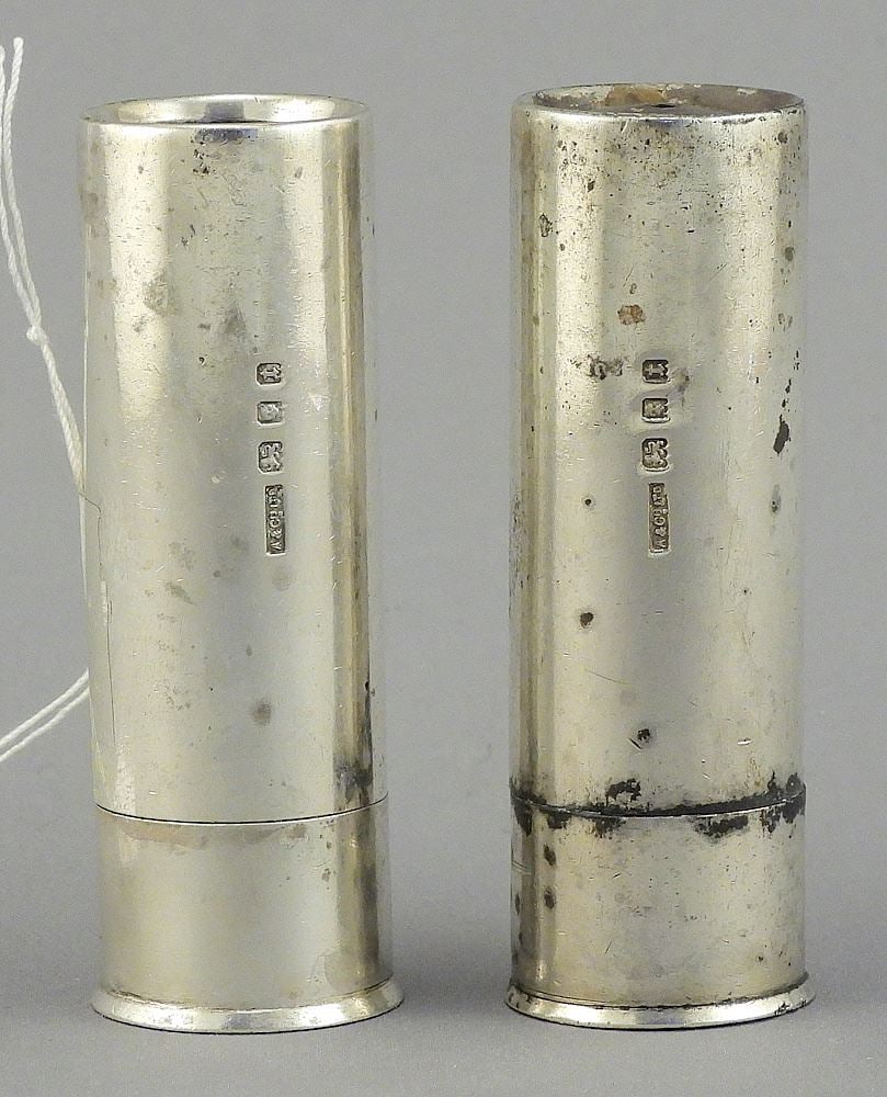 Pair of Asprey & Co. Hallmarked Silver "12 Gauge" Salt & Pepper Shakers, 2 5/8"h, 95g.: Pair of Asprey & Co. Hallmarked Silver "12 Gauge" Salt & Pepper Shakers, 2 5/8"h, 95g.