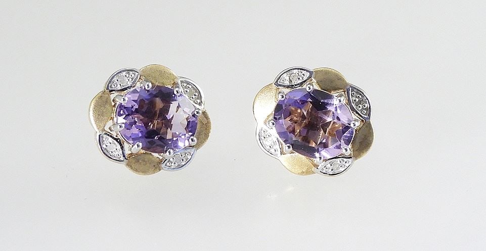 Pair of Gilt Sterling Silver (925) Amethyst & Diamond Accent Earrings, 5.3g.: Pair of Gilt Sterling Silver (925) Amethyst & Diamond Accent Earrings, 5.3g.