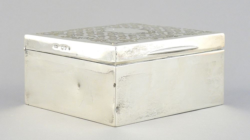 Hallmarked Silver Cigarette Box: HA/London, 2 x 4 1/8 x 5 5/8", 364g. (1 of 5)