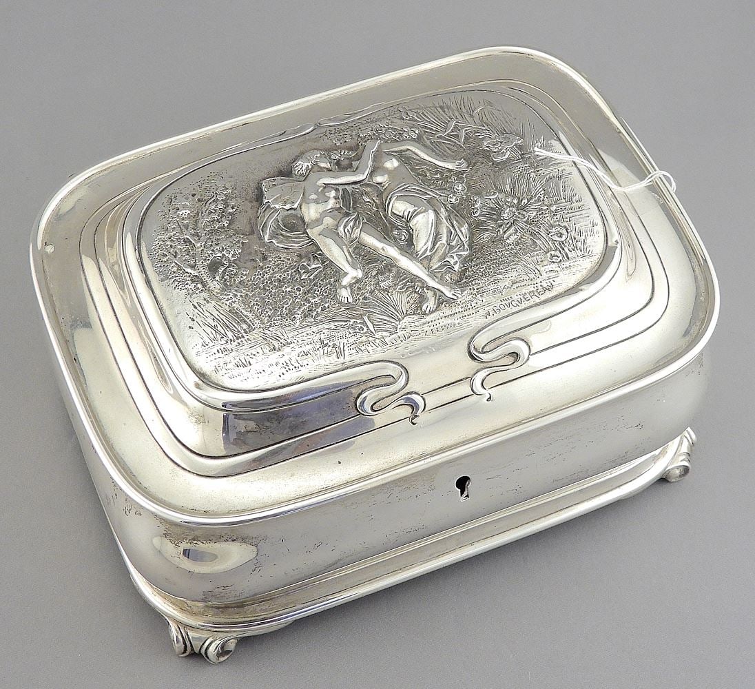 Art Nouveau Sterling Silver (marked) Casket signed W. Bouguereau, 7 1/2"w , 810g.: Art Nouveau Sterling Silver (marked) Casket signed W. Bouguereau, 7 1/2"w , 810g.