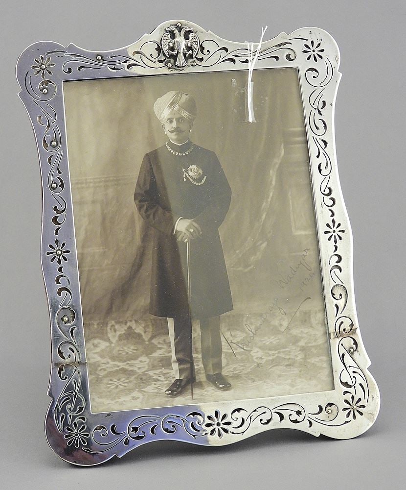 Signed Photograph: Maharaja of Mysore 1924 (6 1/4 x 4 5/8") & Silver & Rosewood Frame. (1 of 5)