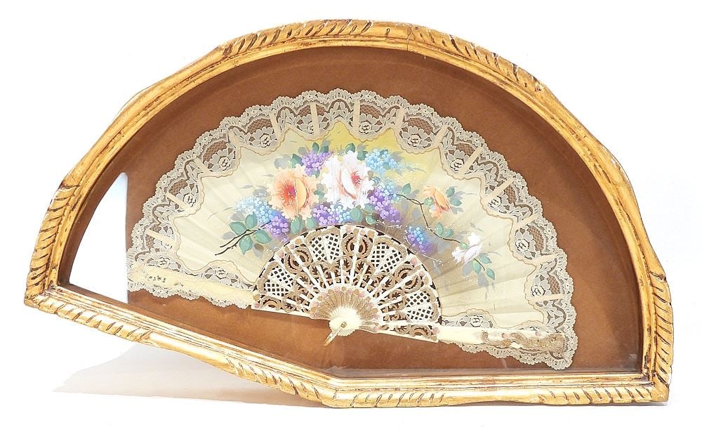Fancy Hand Painted Celluloid Fan w/ Gilt Shadow Box, 23 3/4"h. (1 of 1)