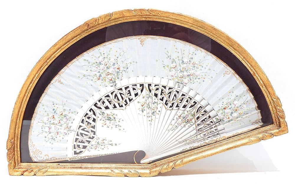 Fancy Hand Painted Fan (16 5/8"w) w/ Gilt Shadow Box, 19 3/4"w.: Fancy Hand Painted Fan (16 5/8"w) w/ Gilt Shadow Box, 19 3/4"w.