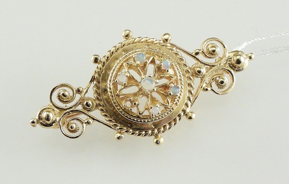14K (marked) Yellow Gold & Opal Etruscan Revival Brooch, 1 5/8"w, 5.6g. (1 of 3)