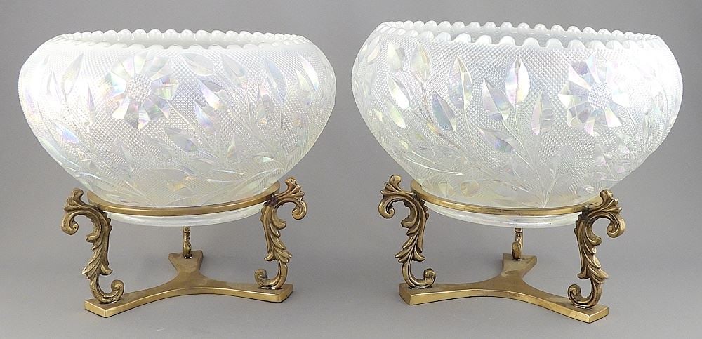 Pair of Fenton Pink Opalescent Bowls (4 1/2 x 8 1/8" diam.) w/Brass Stands. (1 of 3)