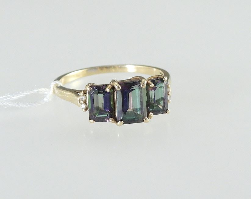 10K (marked) Yellow Gold Ring with 3 Iridescent Stones, Size 7 1/4, 2.3 g. (1 of 3)
