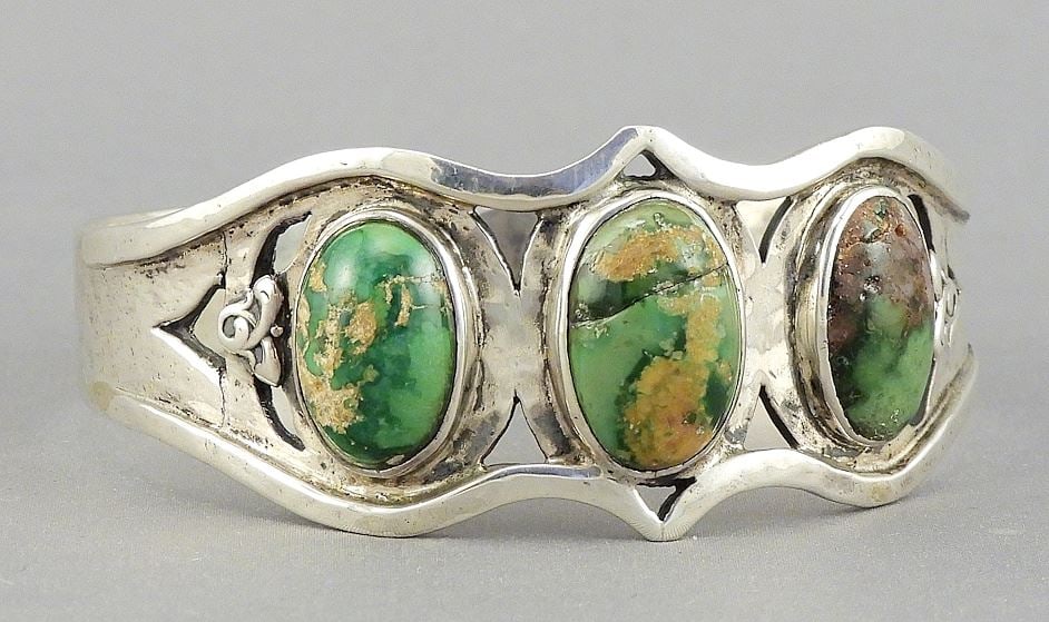 Sterling and Green Turquoise Native Design Bracelet, 47 grams. (1 of 3)