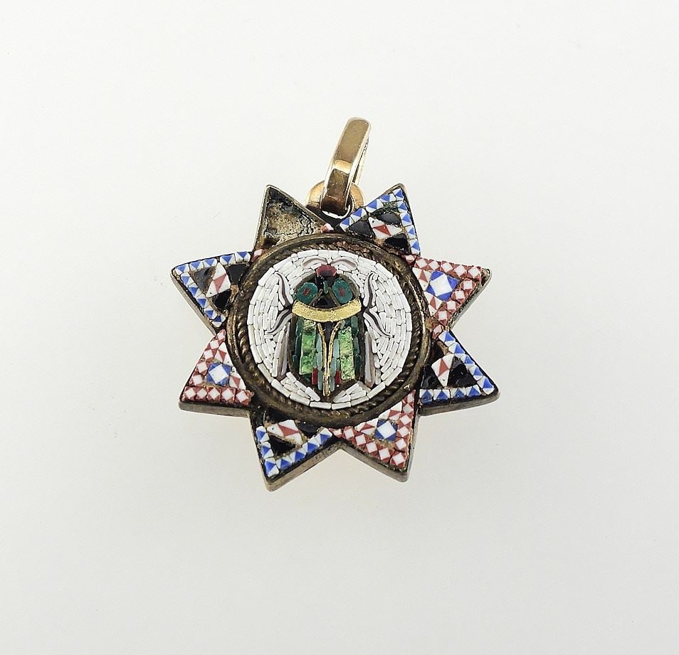 19th C. Micro Mosaic Scarab Beetle Pendant (fragile/some missing pcs), 4.5g, 1 1/4"L. (1 of 2)