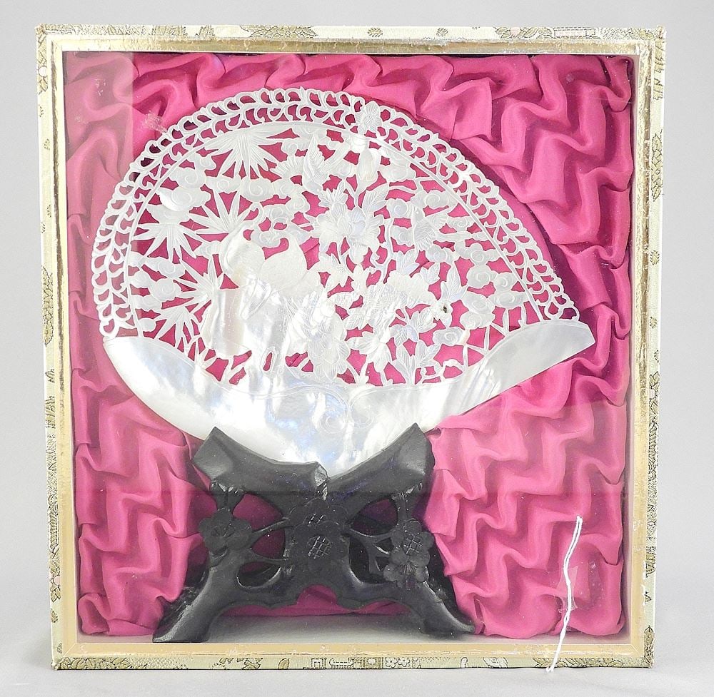 Cantonese Carved Mother of Pearl Panel (6 x 7 3/8") on Stand with Box. (1 of 4)