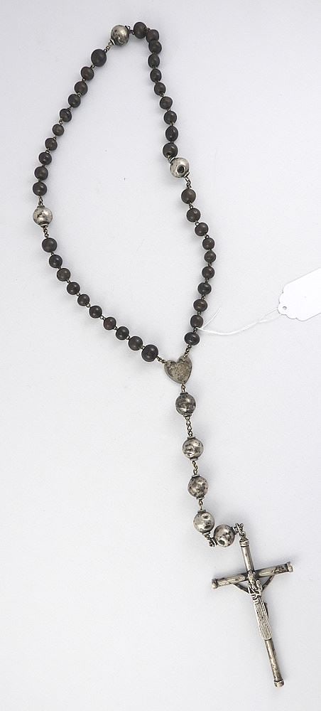 Silver Plated & Wood Bead Rosary, 22"L (as found).: Silver Plated & Wood Bead Rosary, 22"L (as found).