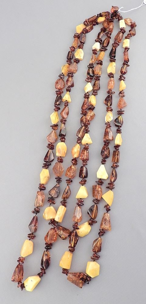 Butter & Cognac Baltic Amber Triple Strand Necklace, 30"L.: Butter & Cognac Baltic Amber Triple Strand Necklace, 30"L.