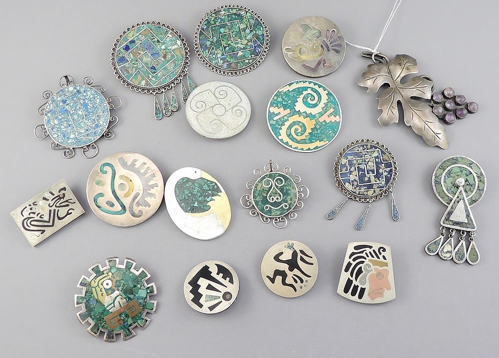 Collection of 15 Mexican Sterling Silver Stone Inset Brooches, 1 3/8 - 3 1/4"L, 270g. (1 of 2)