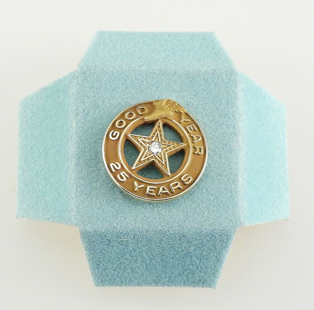 10K (marked) Yellow Gold "Good Year 25 Years" Service Pin with Diamond, 2.2g. (1 of 3)
