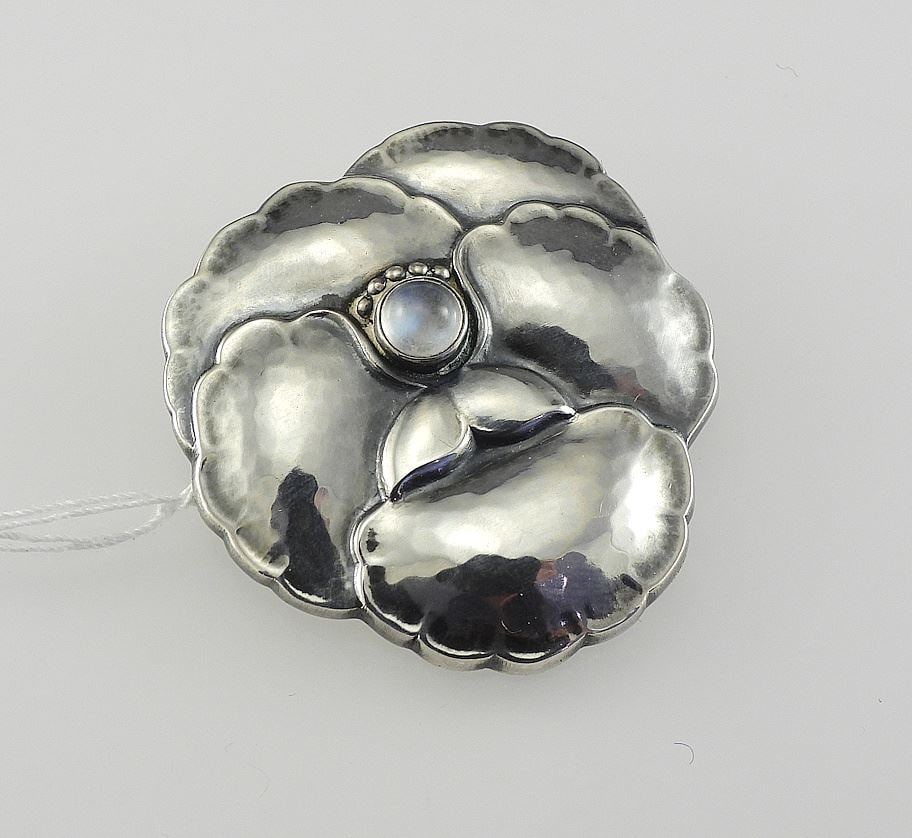 Georg Jensen Pansy Flower Moonstone Brooch (marked 925 Denmark, 1 5/8"h, 11.83g.: Georg Jensen Pansy Flower Moonstone Brooch (marked 925 Denmark, 1 5/8"h, 11.83g.