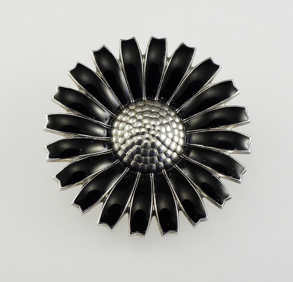 Georg Jensen Black Enamel Daisy Brooch (marked 925 Denmark), 1 3/4".: Georg Jensen Black Enamel Daisy Brooch (marked 925 Denmark), 1 3/4".