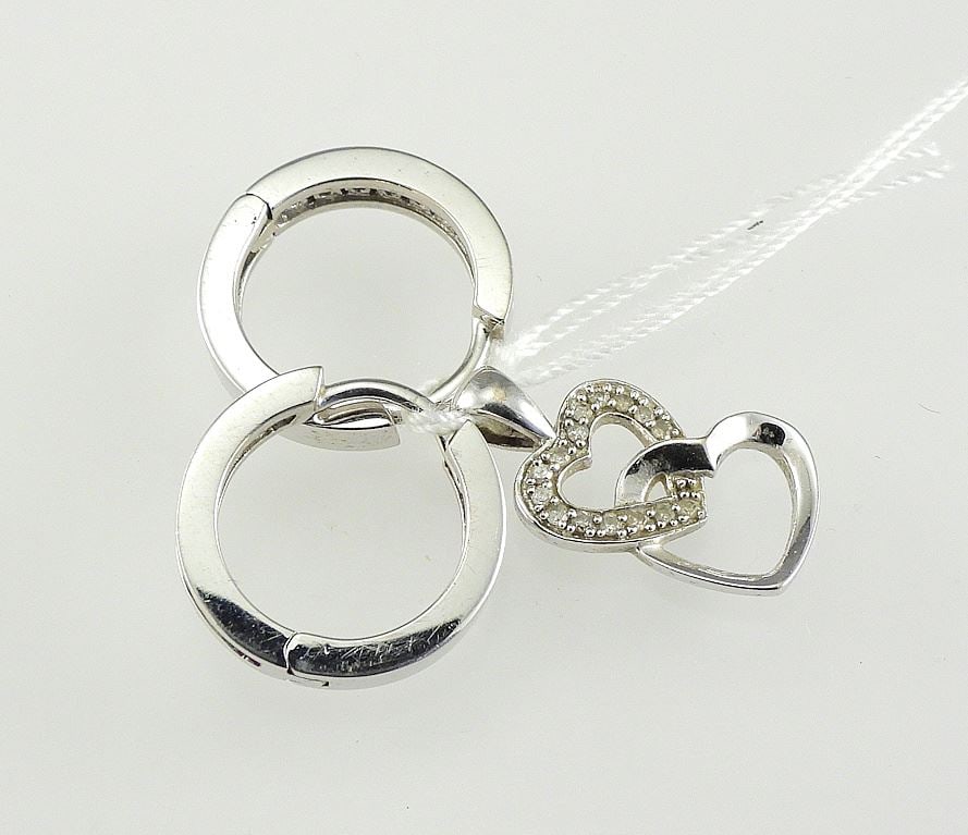 Pair of 10K (marked) Huggie Earrings & Double Heart Pendant, TW 4.3g.: Pair of 10K (marked) Huggie Earrings & Double Heart Pendant, TW 4.3g.