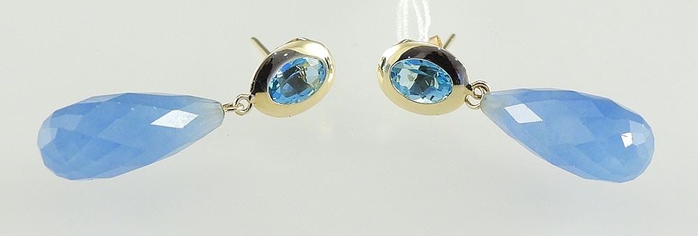 Pair of 14K (marked) Blue Jade & Swiss Blue Topaz Earrings, 1 3/8"h, 5.4g.: Pair of 14K (marked) Blue Jade & Swiss Blue Topaz Earrings, 1 3/8"h, 5.4g.