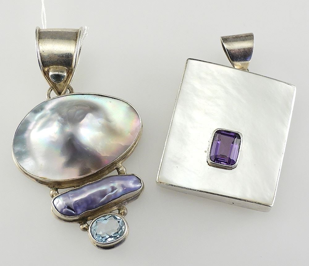 Two 925 Semi-Precious Stone Set Pendants, 49 grams, longest 2 3/4".: Two 925 Semi-Precious Stone Set Pendants, 49 grams, longest 2 3/4".