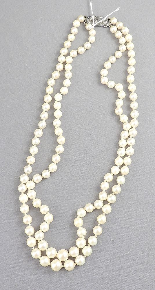Vintage English Sterling & Cultured Double Strand Pearl Necklace, 18"L, Graduated 5 to 9mm. (1 of 3)