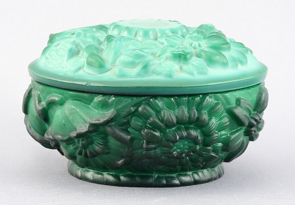 Bohemian Malachite Glass Round Box, 3 3/4" Diameter. (1 of 3)
