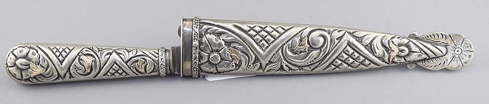 Argentinian Silver Alloy & 18K Inlaid Dagger, 12 1/2"L.: Argentinian Silver Alloy & 18K Inlaid Dagger, 12 1/2"L.