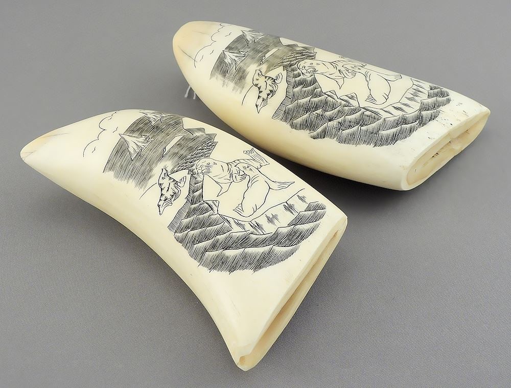 Pair of Scrimshaw Whale Teeth, 4 3/4"h, 480g, CANADIAN BIDDERS ONLY (1 of 4)