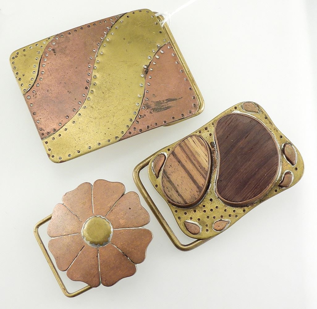 Three E. Freund Boise Brass/Copper/ Wood Belt Buckles, 2 Dated '81. (1 of 3)
