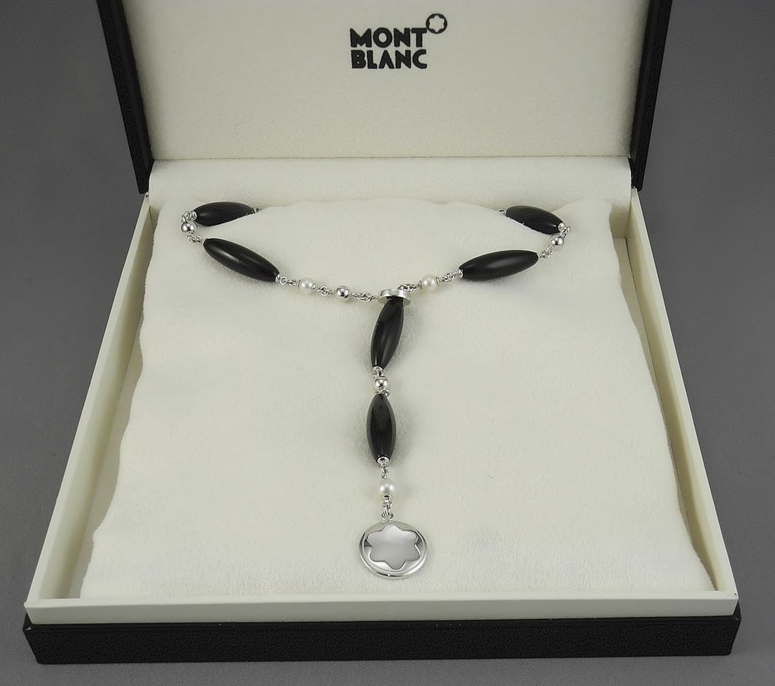 Mont Blanc "Homage to Femininity" Sterling Silver Onyx & Pearl Necklace with Box & Receip: Mont Blanc "Homage to Femininity" Sterling Silver Onyx & Pearl Necklace with Box & Receip