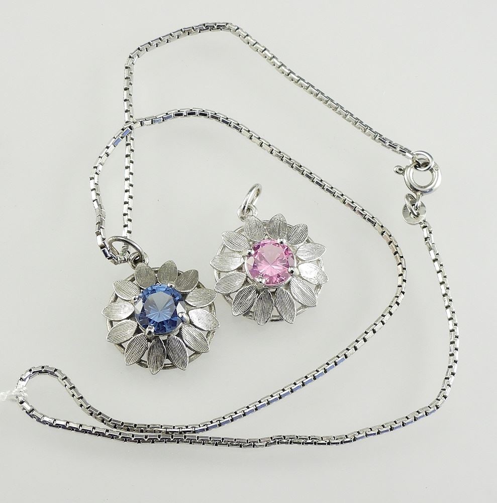 Two Sterling Silver (marked STER) Blue & Pink Topaz Pendants w/Box, Incl. Chain, 11g, 14 1/2"L (1 of 2)