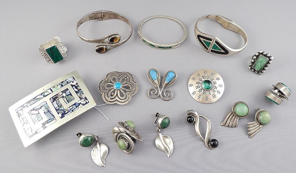 Collection of Mexican Sterling Stone Inset Jewelry, TW 269g.: Collection of Mexican Sterling Stone Inset Jewelry, TW 269g.