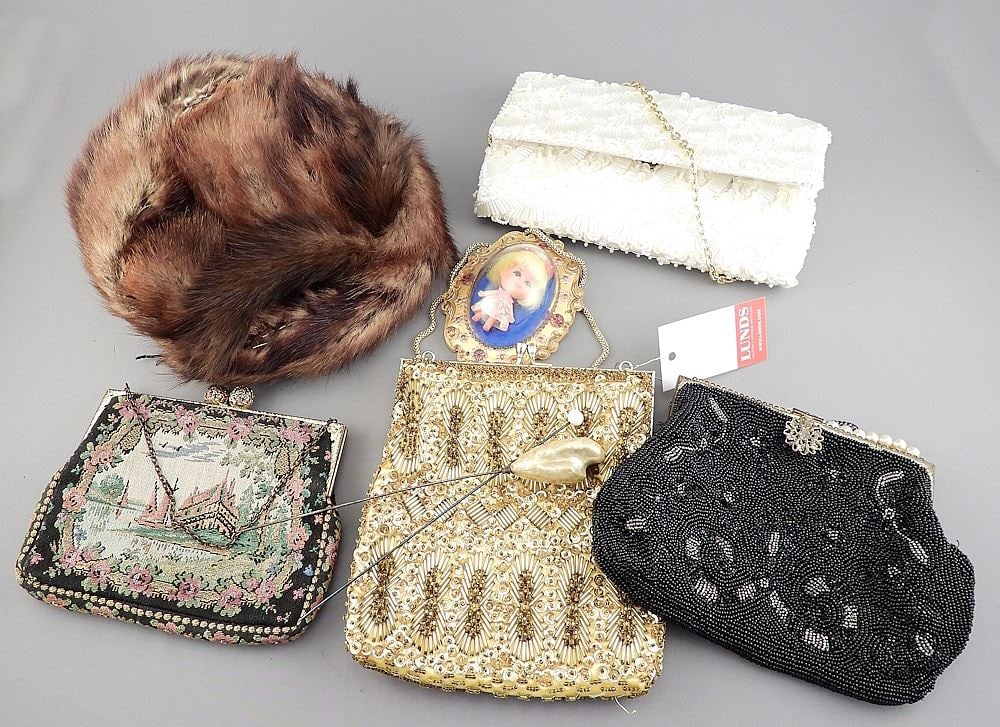 Collection of Evening Bags/Fur Hat w/Hat Pins/Lucky Locket Kiddle. (1 of 2)