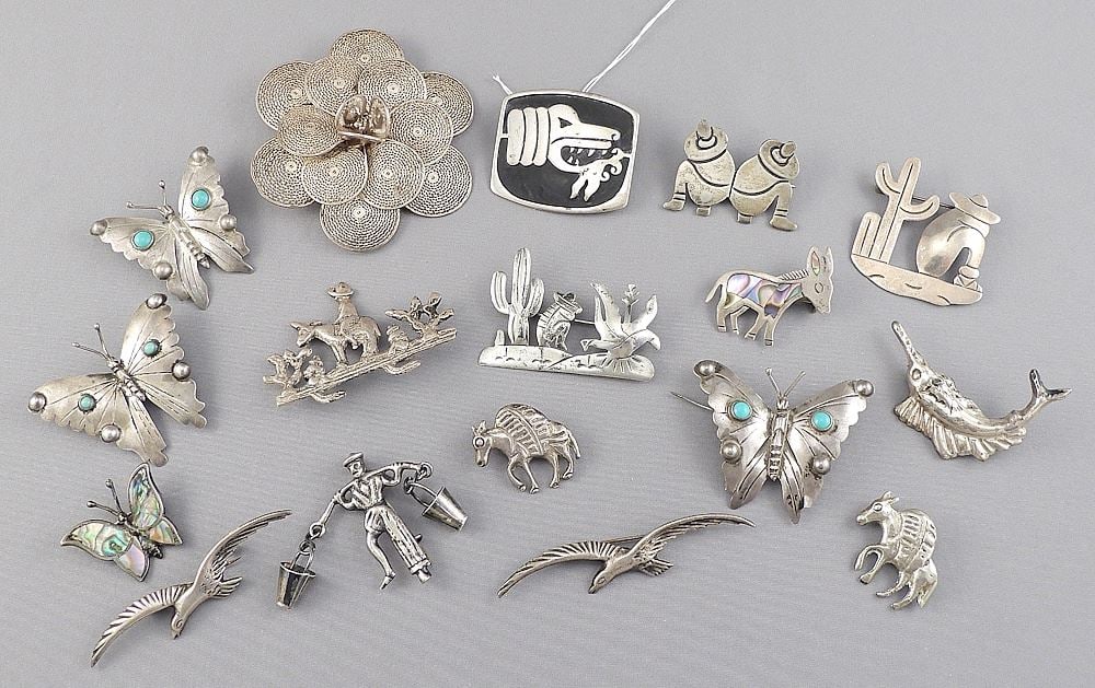 Collection of 18 Mexican Sterling Brooches, 1 - 2 5/8"L, TW 110g. (1 of 2)