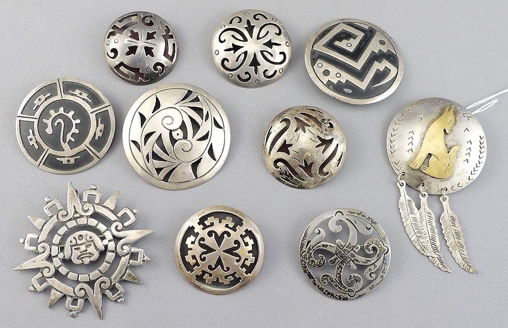 Collection of 10 Mexican Sterling Brooches, 1 1/4 - 2 1/8"w, 103g.: Collection of 10 Mexican Sterling Brooches, 1 1/4 - 2 1/8"w, 103g.